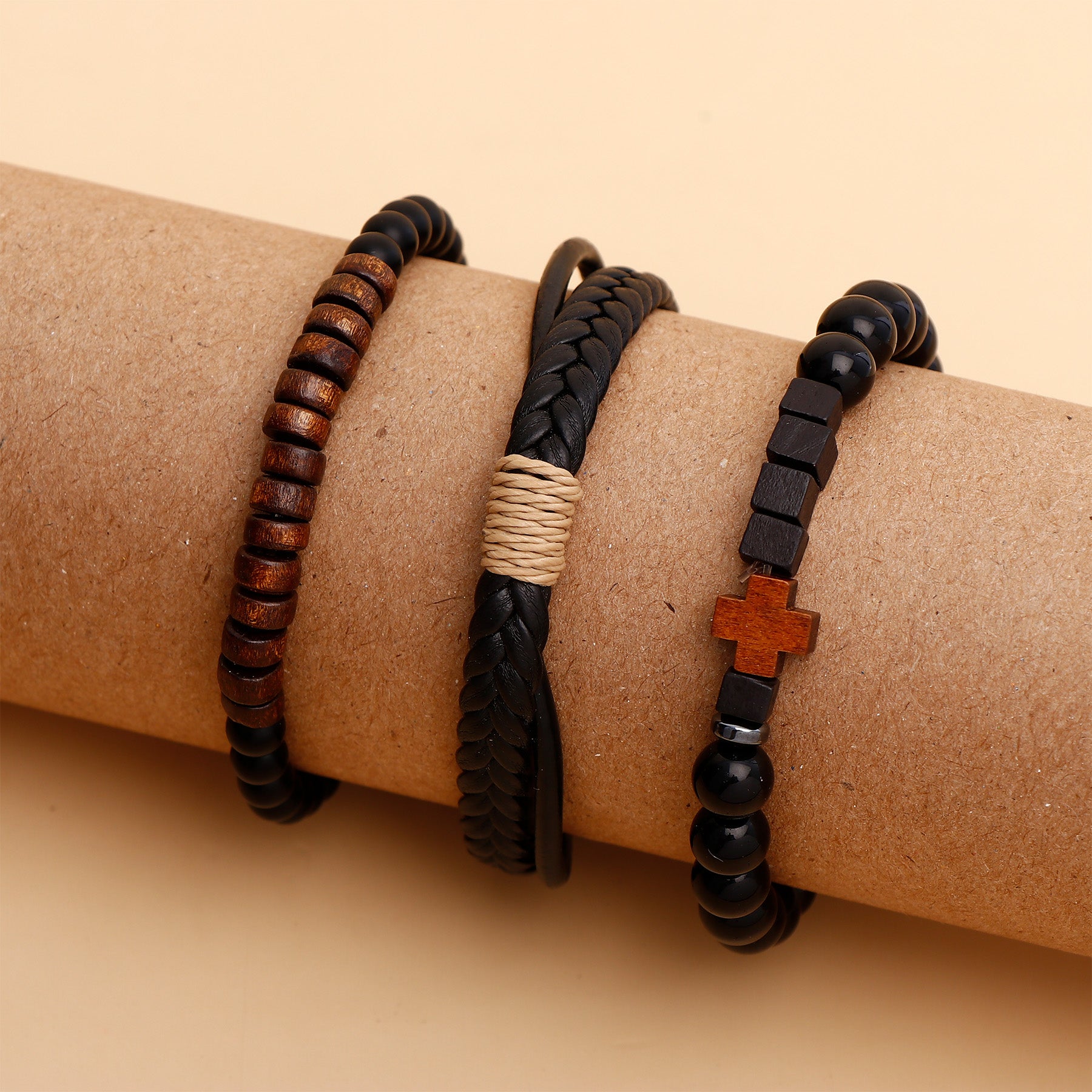 Wood Craft Beaded Multilayer Leather Bracelet