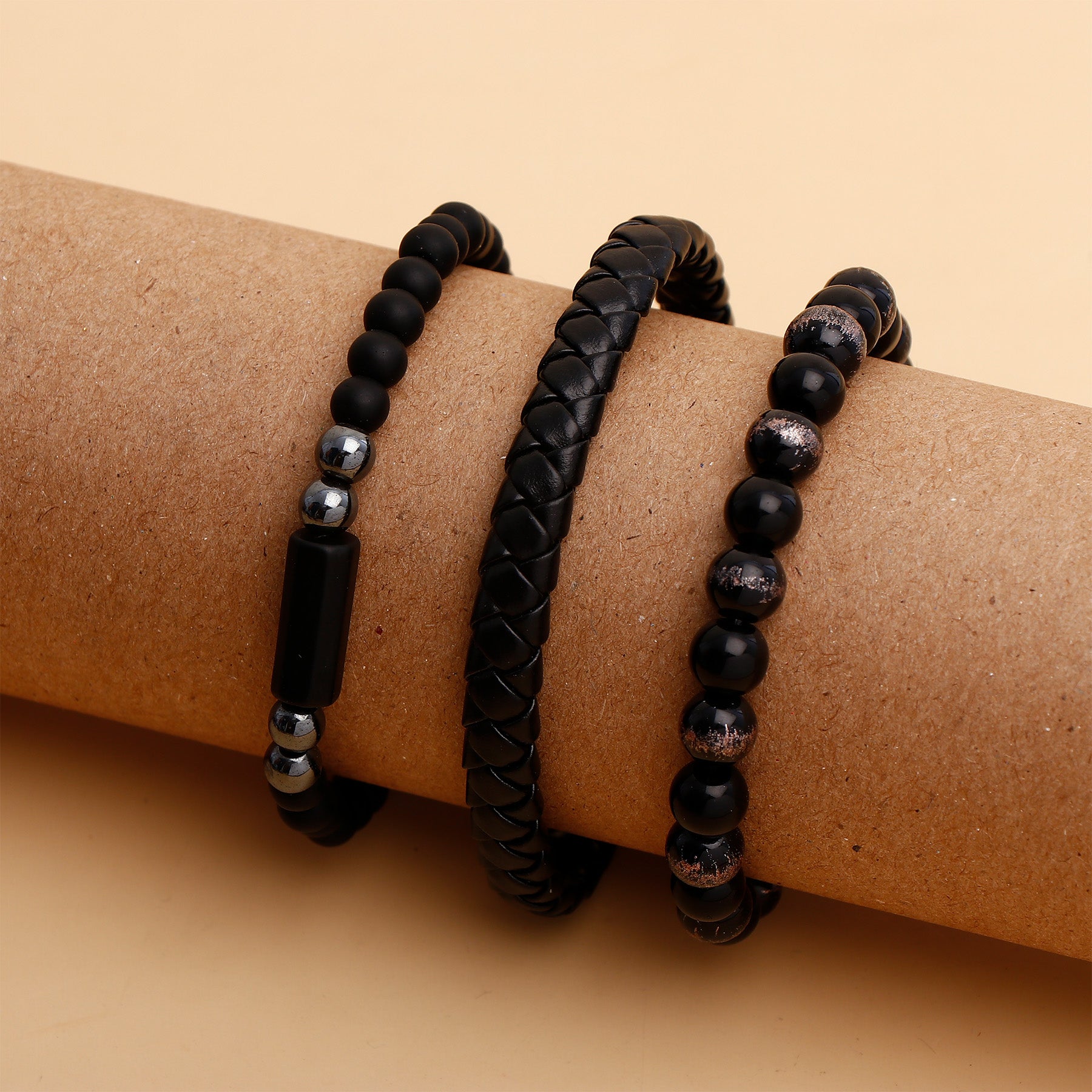 Black Beaded Multilayer Leather Bracelet