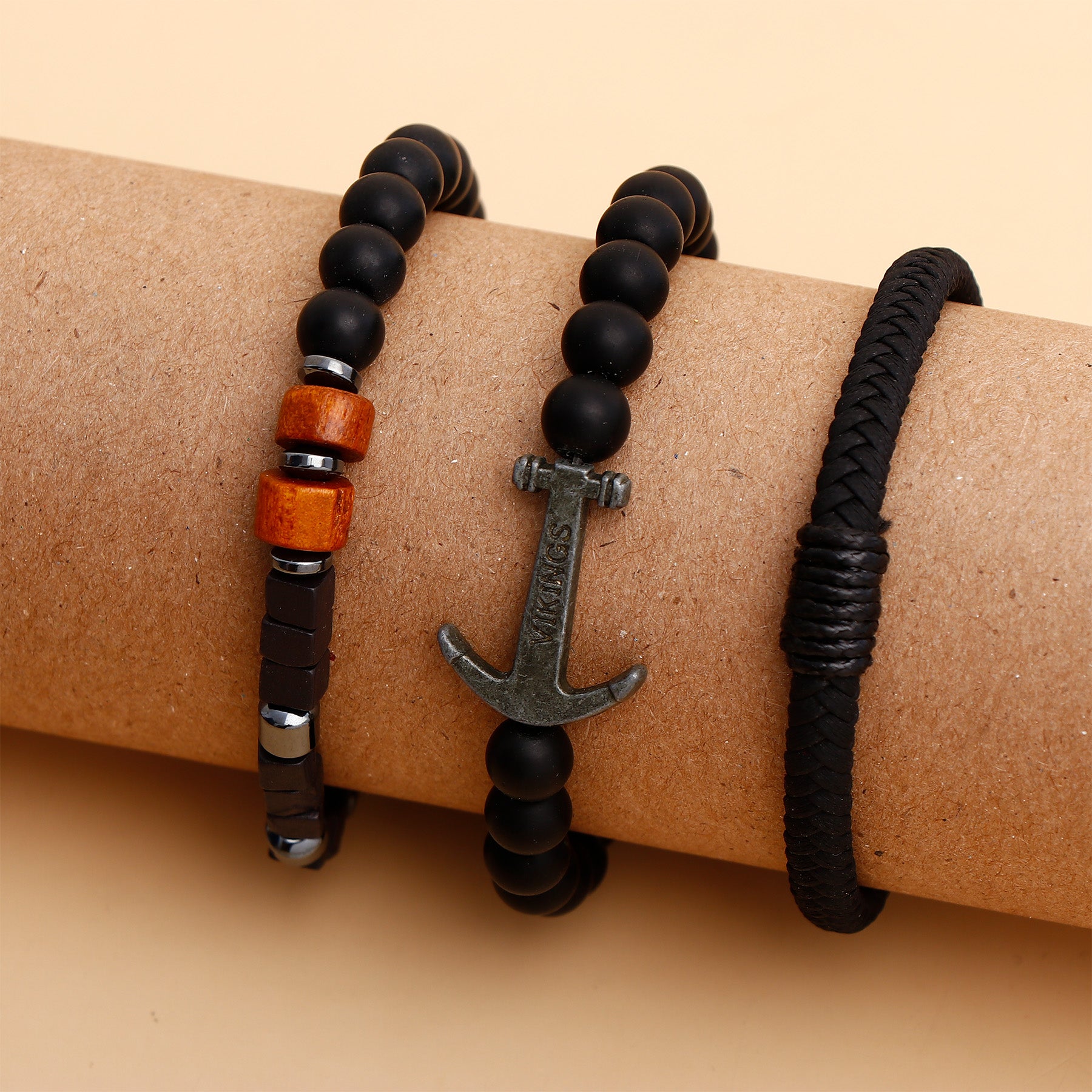 Viking Anchor Black Beaded Multilayer Bracelet