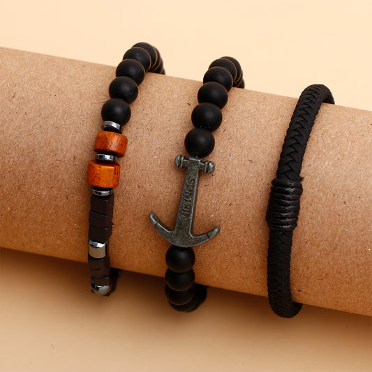 Viking Anchor Black Beaded Multilayer Bracelet