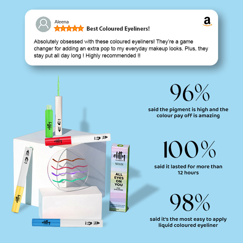 Elitty Mini Pop Colour Waterproof Liquid Eyeliner Combo | Matte Shades (Pink, Lilac, Black) & Metallic Shades (Blue, Emerald Green) | 1 ML Each