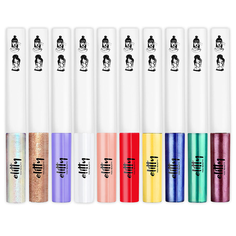 Elitty Maxi Pop Colour Liquid Eyeliner Combo | Matte Shades (Tomato Red, Lilac, Honeycomb, White, Peach ) , Metallic Shades (Blue, Emerald Green, Wine Red ) , Holographic Shade (Silver-Blue) & Glitter Shade (Copper) | | 1 ML Each