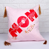 "Love You Mom" Floral Print Pink Cushion with Tassels