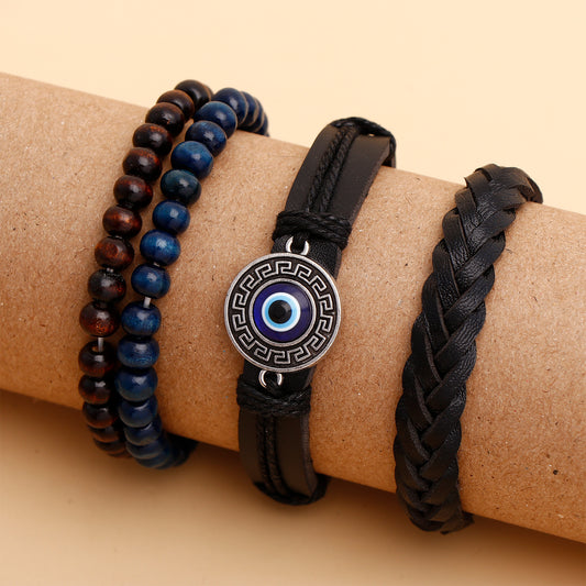 Evil Eye Beaded Multilayer Black Leather Bracelet