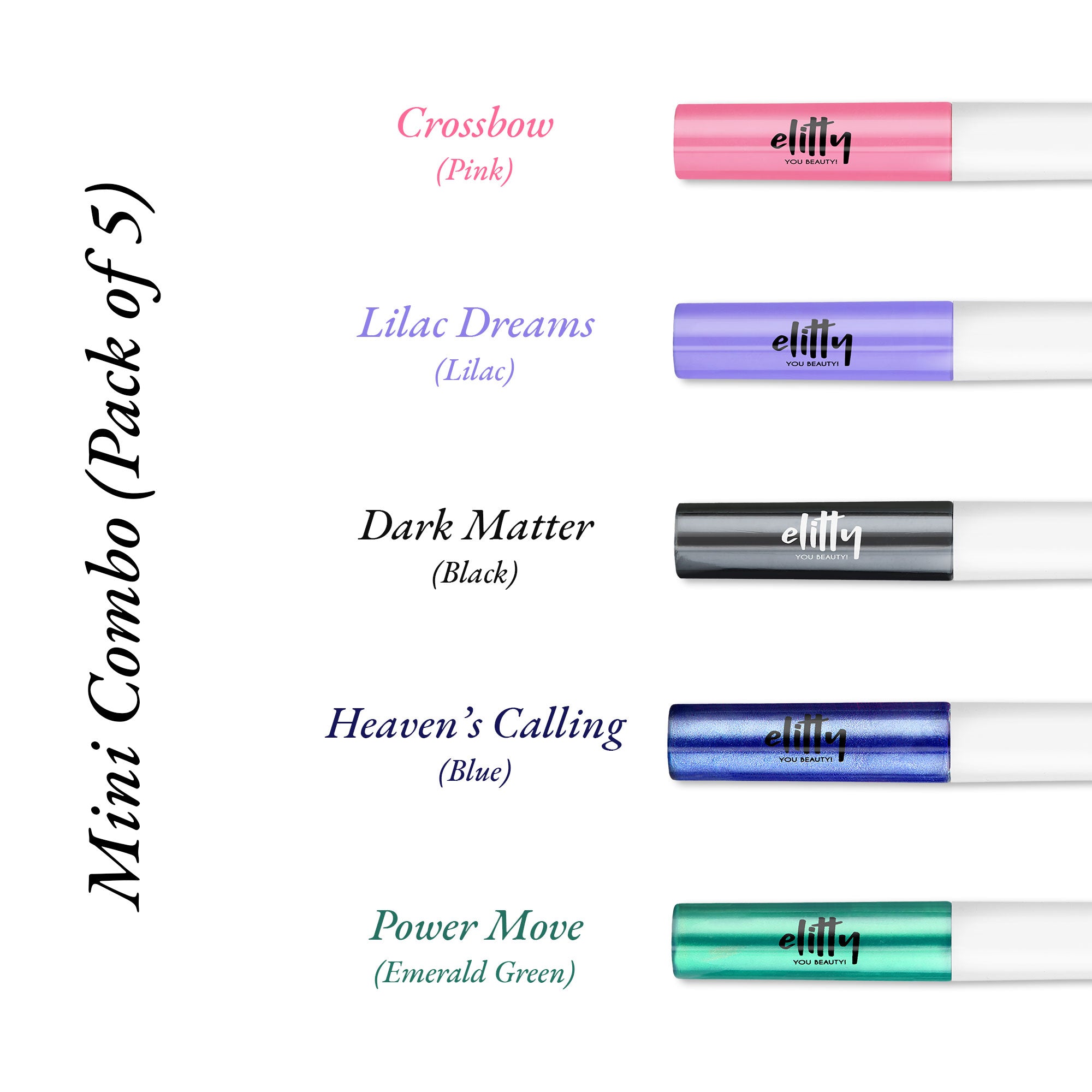 Elitty Mini Pop Colour Waterproof Liquid Eyeliner Combo | Matte Shades (Pink, Lilac, Black) & Metallic Shades (Blue, Emerald Green) | 1 ML Each