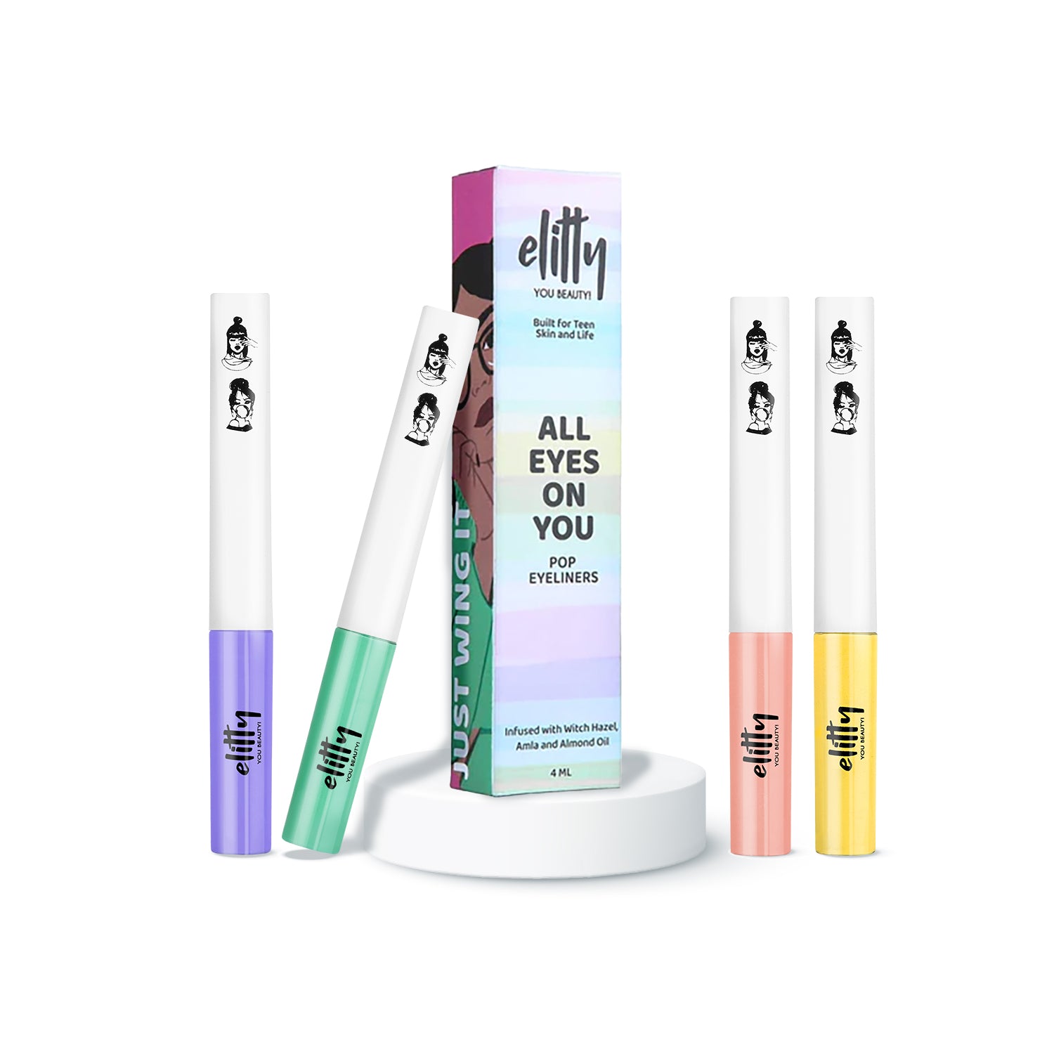 Elitty G.O.A.T Eyeliner Combo (Peach, Lilac Purple, Cyan Green, Yellow), 4 ml each
