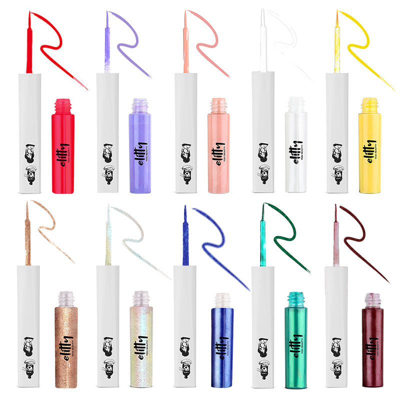 Elitty Maxi Pop Colour Liquid Eyeliner Combo | Matte Shades (Tomato Red, Lilac, Honeycomb, White, Peach ) , Metallic Shades (Blue, Emerald Green, Wine Red ) , Holographic Shade (Silver-Blue) & Glitter Shade (Copper) | | 1 ML Each