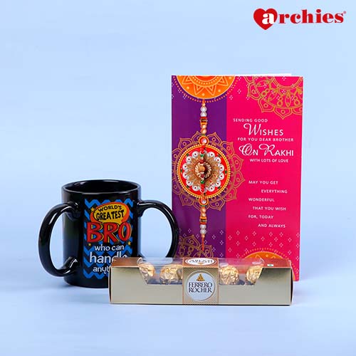 Best Wishes Greeting Card with a Sacred Rakhi with Mug and Chocolate