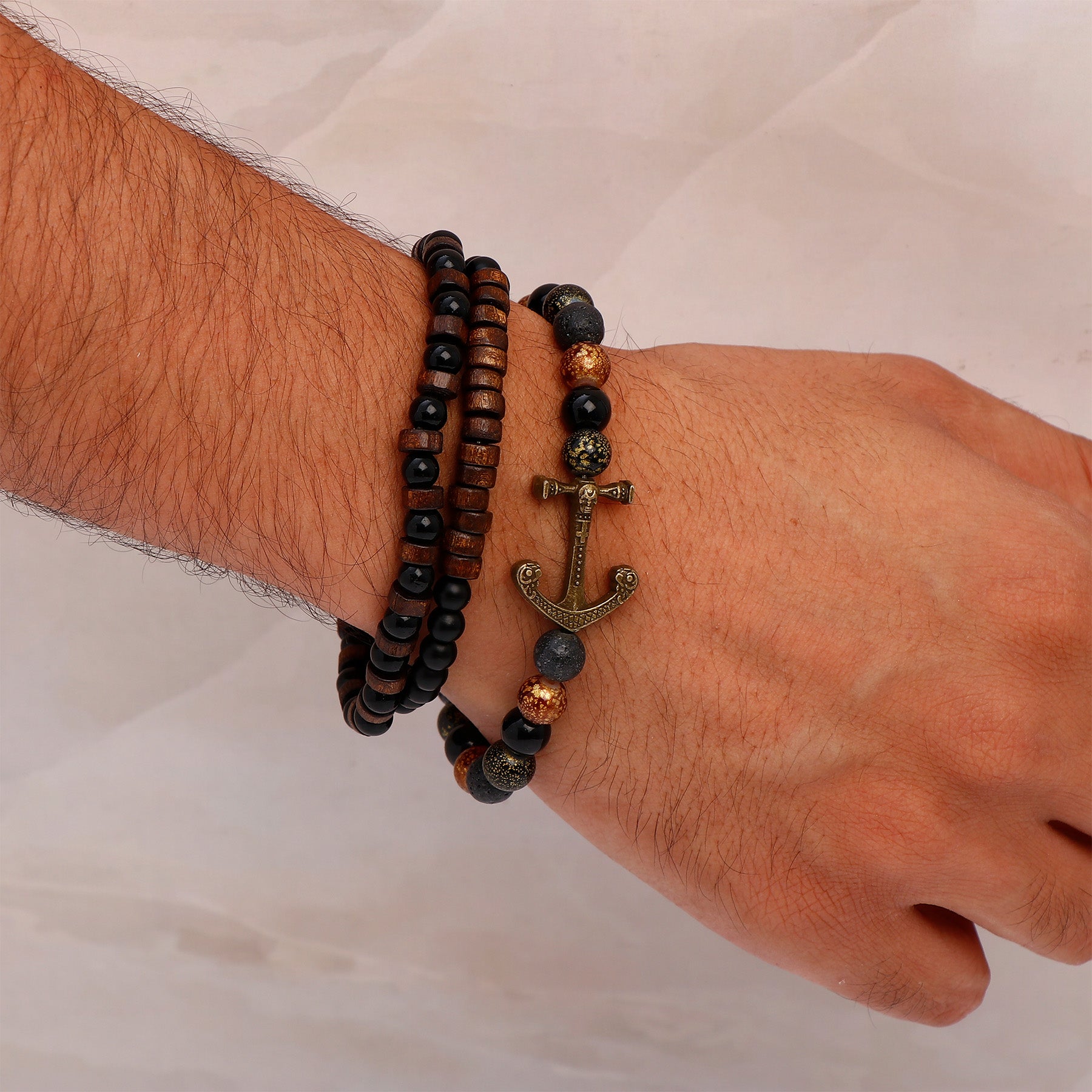 Beaded Anchor Black Multilayer Leather Bracelet