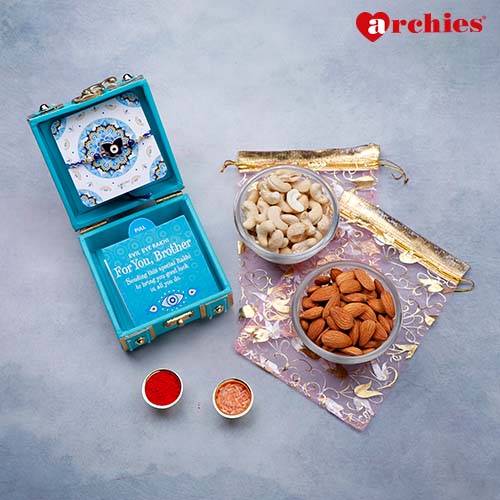 Teal Rakhi Trunk Box with Dry Fruits