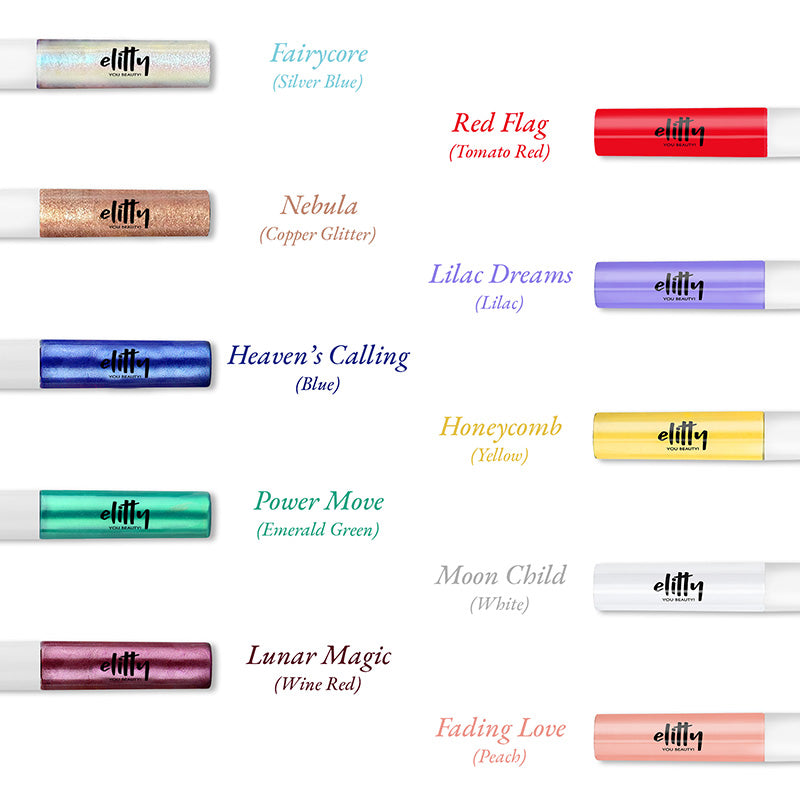 Elitty Maxi Pop Colour Liquid Eyeliner Combo | Matte Shades (Tomato Red, Lilac, Honeycomb, White, Peach ) , Metallic Shades (Blue, Emerald Green, Wine Red ) , Holographic Shade (Silver-Blue) & Glitter Shade (Copper) | | 1 ML Each