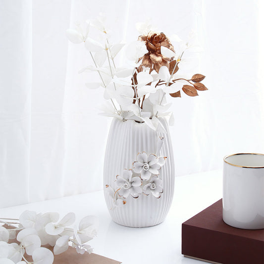 White Ceramic Table Vase with Floral Accents