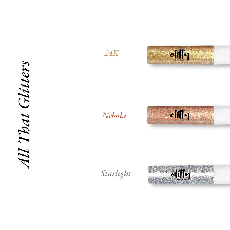 Elitty All That Glitters Waterproof Liquid Eyeliner Combo | Pack of 3 Glitter (Silver, Golden, Copper-Dark Rose Gold) Shades | Long Lasting | 4 ML Each
