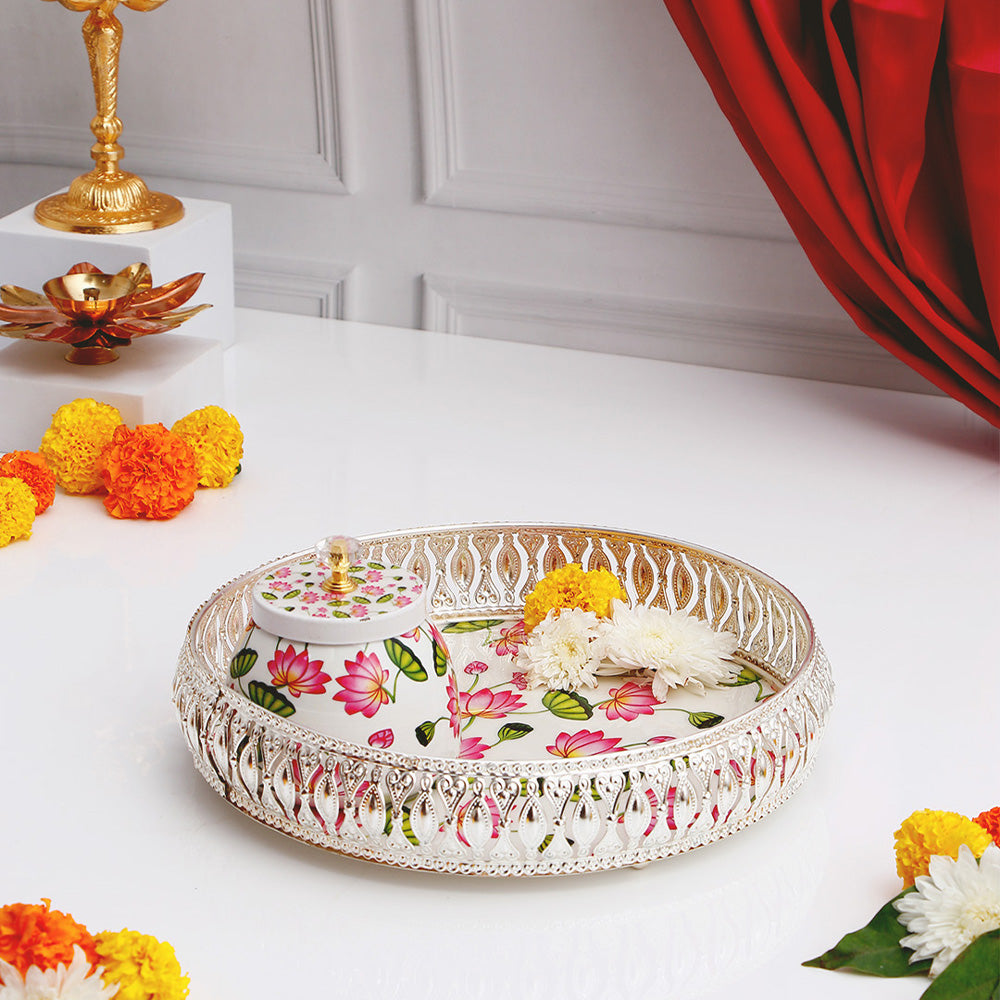 Pink and White Motifs Jars with Tray Set