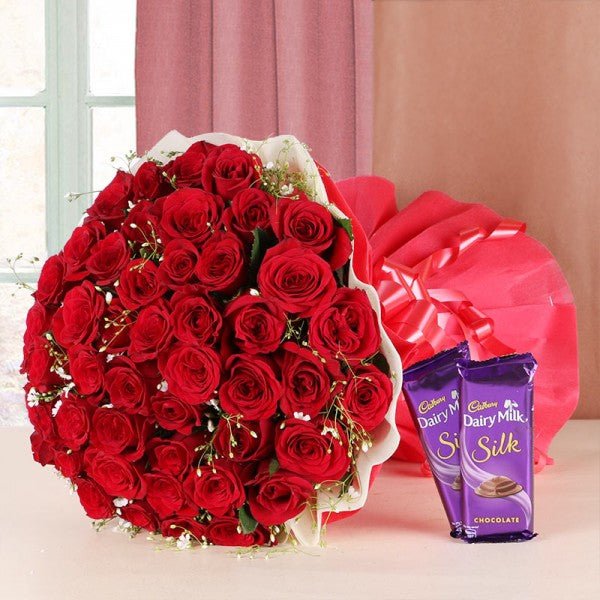 50 Red Roses Bouquet- 2 DairyMilk Silk (60gms each)