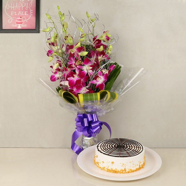 6 Purple Orchids Bouquet- 1/2 Kg Butterscotch Cake