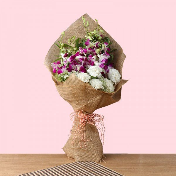 Jute Bouquet of 6 Purple orchids and 5 White Carnations