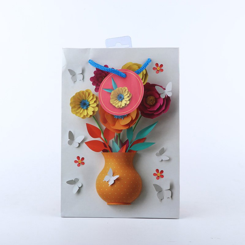Orange Pot and Flowers Design Printed Paper Bag Pack of 4