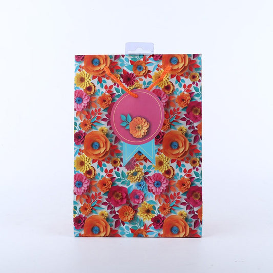 Orange and Pink Flowers Printed Paper Bag Pack of 3