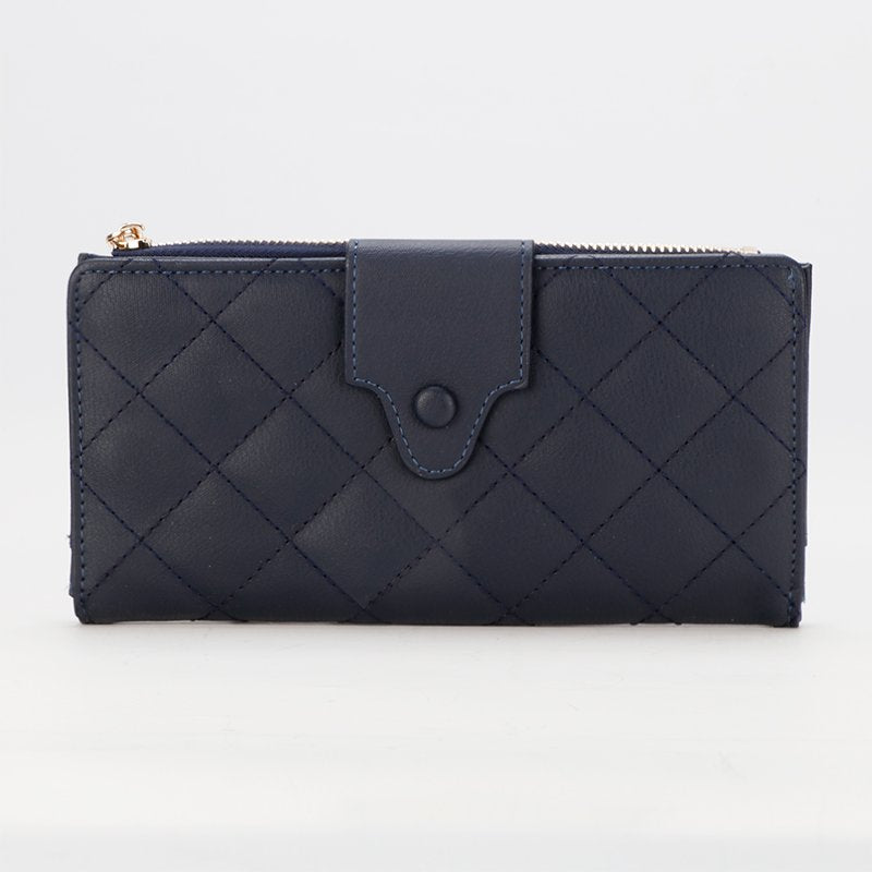 Dark Blue Leather Wallet With Lines Design and Golden Zip For Womens