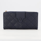 Dark Blue Leather Wallet With Lines Design and Golden Zip For Womens