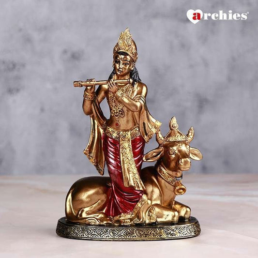Red And Golden Kanha Idol With Holy Cow 17 cm