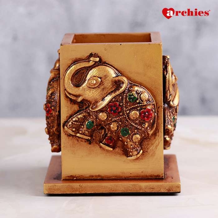 Archies Golden Elephant Motif Pen Stand