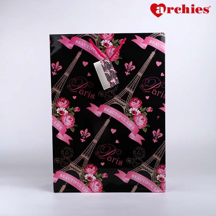 Archies Black And Pink Flower Large Paper Bag Pack of 3