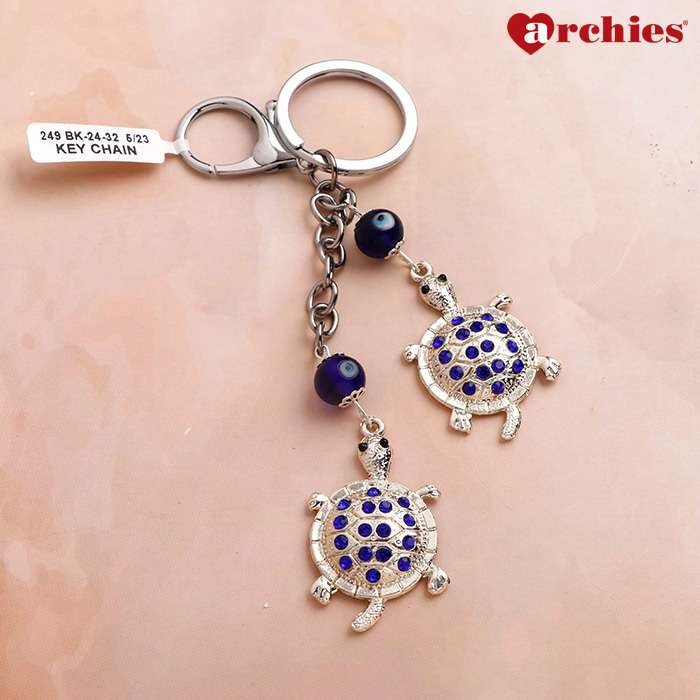 Archies Blue And White Stone Studded Lucky Turtle Evil Eye Keychain