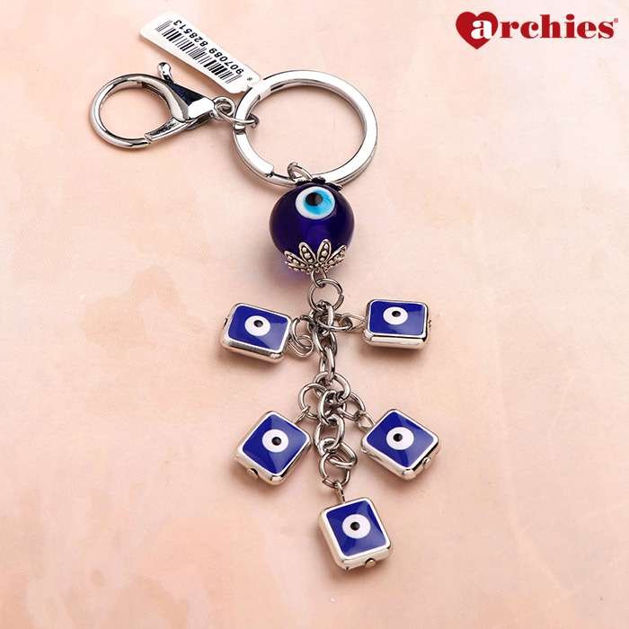 Archies Sphere and Square Design Blue And White Protective Evil Eye Keychain