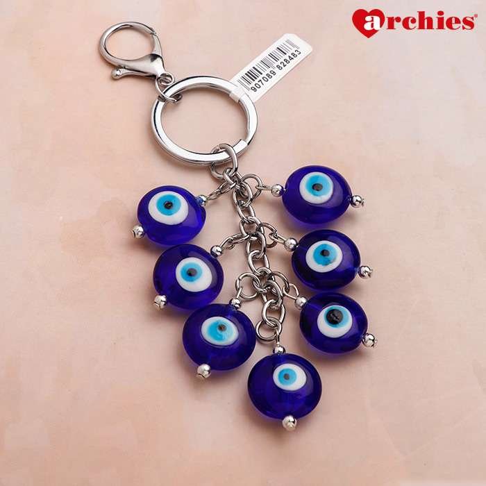 Archies Round Design Blue And White Protective Evil Eye Keychain