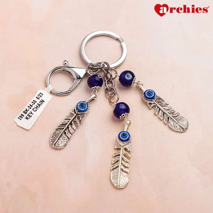 Archies Feather Design Blue And White Protective Evil Eye Keychain