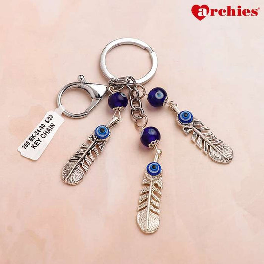 Archies Feather Design Blue And White Protective Evil Eye Keychain