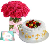 Red Roses with Fresh Fruit Cake