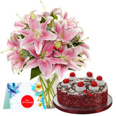Pink Lilies in Glass vase with Red Velvet Cake