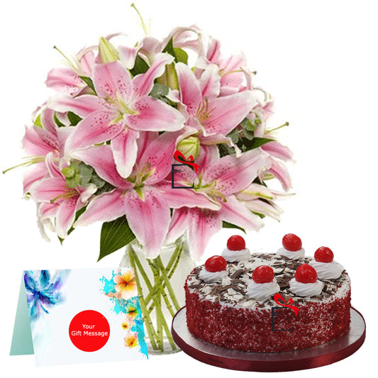Pink Lilies in Glass vase with Red Velvet Cake