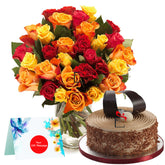 Bright Roses Glass Vase with Coffe Cake