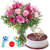 Mixed Flowers with Glass Vase and Blueberry Cake