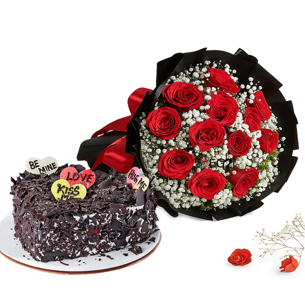 Sweet Blossoms Red roses with Black forest Cake