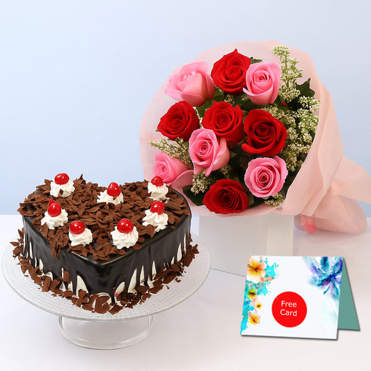 Sweetheart Blossoms Roses bouquet with Black Forest Cake