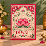 Personalized Happy Diwali Greeting Card with Pink Lotus & Arch Design