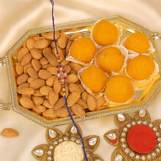 Kundan Rakhi and Motichoor Laddoo and Almond Platter