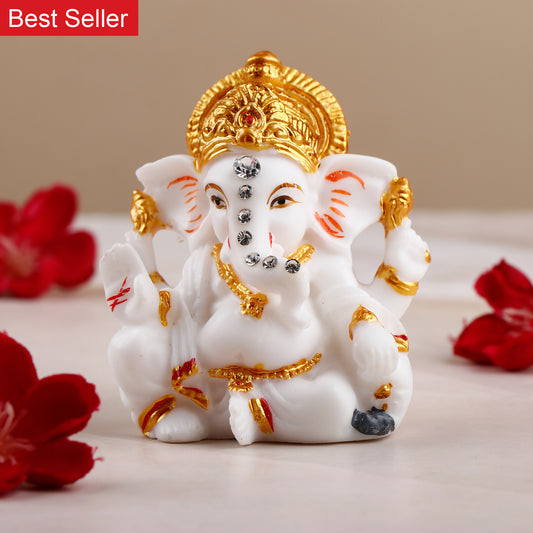 White and Golden Accents Shree Ganesha Table Top Idol