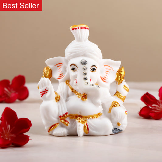 Sacred Shree Ganesha White and Golden Table Top Idol