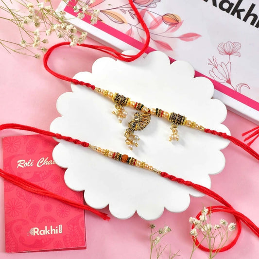 Glorious Peacock Bhaiya Bhabhi Rakhi with Gulab Jamun & Kaju Katli