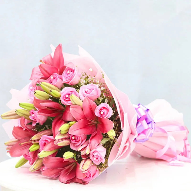 Pink Roses with Lilies Elegant Bouquet