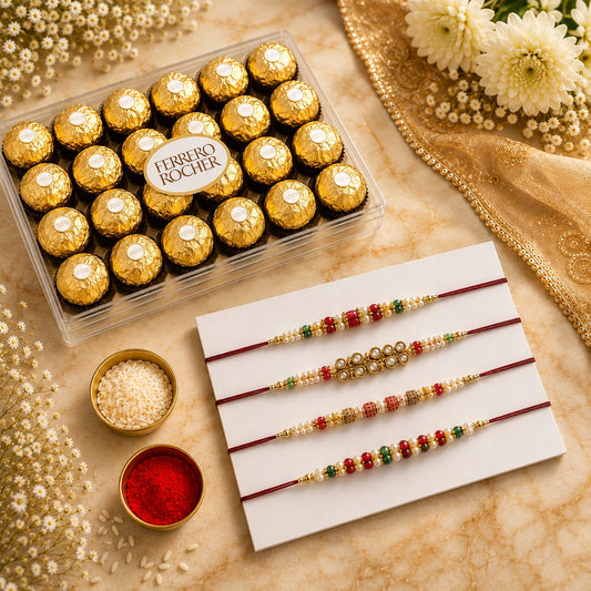 Set Of 4 Designer Rakhi With Ferrero Rocher Indulgence Box