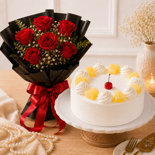 6 Red Roses, Pineapple Cake & Greeting Card