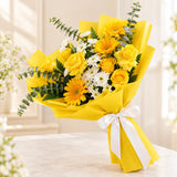 Sunny 5 Yellow Roses & 3 Yellow Gerberas Bouquet with White Daisy