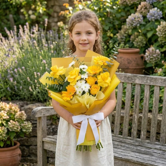 Sunny 5 Yellow Roses & 3 Yellow Gerberas Bouquet with White Daisy